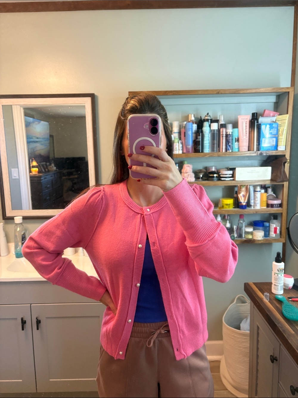 Amazon Essentials Pink Pearl-Button Knit Cardigan